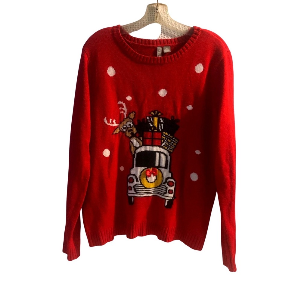 By Design Women's Ugly Christmas Sweater Reindeer Car Red Size XL holiday